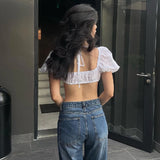 Vevesc Women Trendy Jacquard Eyelet Crop Tops Kawaii Bubble Sleeve Blouse Tees Y2k Girl Music Club Party Sexy Backless Tie Up T-shirt