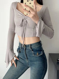 Vevesc 2024 Spring Long Sleeve Sauare Collar T-shirts Ruffled Flare  Slim Cropped Tops Women Y2k Aesthetic All Match Bandage Tees