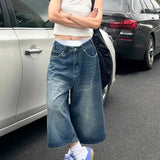 Vevesc American Vintage Washed Blue Denim Short Pants Summer Thin Straight Five-point 2024 New Loose Wide Leg Jeans Women
