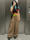 Vevesc Summer Plant Flowers Tops Women 2024 New Ruched Slim Fit Knitted T-shirts Y2k E-Girl Stand Collar Short Sleeve Tee Shirt