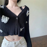 Vevesc Sweet Butterfly Knit Cardigans Women Korean Sexy V Neck Sun-Proof Crop Tops Summer Long Sleeve Sweater Sunscreen Jackets