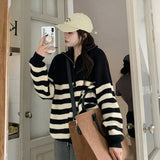 Vevesc Korean Black Contrast Color Striped Pullovers Sueters Mujer Knitted Half High Collar Zipper Y2k Sweaters Women Lazy Casual Tops