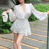 Vevesc V-neck Lace-up Pleated Casual Long-sleeved Dress Women 2024 Summer New Korean Solid Color All Match Chiffon Mini Dress