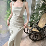 Vevesc  Evening Dresses Women Sleeveless Sexy Square Collar Slim Elegant Split Cocktail Dress Wedding Party Fashion Bridesmaids