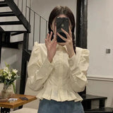 Vevesc Vintage Folds Shirts Women Korean Ruffles Puff Long Sleeve Crop Tops Streetwear Preppy Slim All Match Blouses Spring New