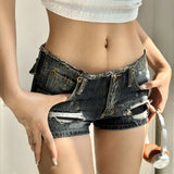 Vevesc Y2k Aesthetic High Street Swexy Popular Denim Short Pant Euramerican Low Waist Vintage Hole Design Mini Short Punk Summer Bottom