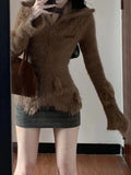 Vevesc Harajuku Fairy Knitted Grunge Sexy Hole Cardigan Streetwear Women's Fur Double Zippers Sweaters Y2k Aesthetic Solid Slim Coats