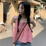 Vevesc Red Plaid Camisole Women Backless Hotsweet Bandage All-match Loose College Personality Chic Summer Korean Style Fashion Ulzzang