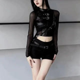 Vevesc Harajuku Sexy Crop Top Black Leather T-shirts Autumn New Slim Fit Tee Shirt Y2k E-Girl Long Sleeve Mesh Tops Women