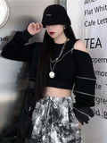 Vevesc Techwear Goth Cropped Hoodies Women Harajuku Off Shoulder Oversize Sweatshirts Black Zip Up Top Hip Hop Streetwear Punk