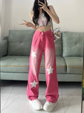 Vevesc American Vintage Star Print Street Denim Pants 2024 Autumn Sweet Pink Trousers Women Y2k Grunge High Waist Wide Leg