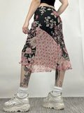Vevesc Patchwork Print Vintage Black Skirts Womens A-line Long Skirt Harajuku Japanese Streetwear Gothic Faldas Mujer Y2k Fairycore