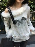 Vevesc Fashion All-match Slash Neck Print Tops Women Autumn Winter New White T-shirts Y2k E-Girl Slim Fit Long Sleeve Pullover Sweater