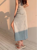 Vevesc Long Denim Skirt Vintage Women Solid High Waist  A-LINE Slim Korean Style Jean Slit Midi Skirt Summer Fashion Girl