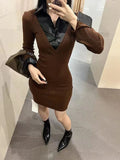 Vevesc Brown Long Sleeves Womens Dress Chic Design Long Skirt French Hepburn Elegant Style Polo Fashion Female Dress