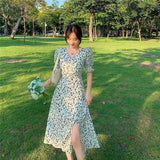 Vevesc Vintage Floral A Line Dress Women Sexy Slit Print V Neck Midi Dress Retro Elegant Holiday Korean Puff Sleeve Slim Dresses