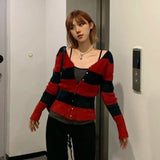 Vevesc Red Black Striped Cardigan Coat Women Waterproof Mink V-neck Knitted Tops Early Autumn Thin Long Sleeeve Sweaters Mujer