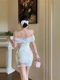 Vevesc  Spring Sweet Flower Printed Bodycon Vestidos Slash Collar Mesh Slim Fit Short Sleeved Dress for Women Summer Sexy Sheath Dresses