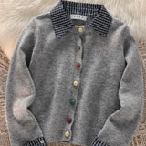 Vevesc Korean Preppy Style Sueter Mujer Plaid Patchwork Shirt Turn Down Collar Pullovers Knitted Women  Short Gray Sweaters Y2k