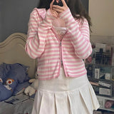 Vevesc Spring Pink Cardigans Women Striped Knitted Tops Long Sleeve Zipper Thin Stretchy Hooded Sweater Harajuku Kawaii Clothes