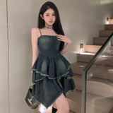 Vevesc  New Women's High-End Feel Sweet Spicy Girl Style Denim Skirt Cake Skirt Lawsuit Dress Short Sling Back Dress