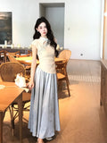 Vevesc  New Chinese Style Women Clothing Spring/Summer Sleeveless Slim Fit Top A-line Long Skirt Set Two Piece Set Women Outfits