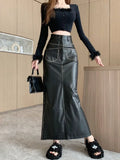 Vevesc Women's Black Pu A-line Long Skirt Vintage Y2k Skirt Harajuku Korean Streetwear Elegant Patchwork Skirt 2000s Clothes Autumn