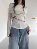 Vevesc Autumn Sexy Y2k Aesthetic Vintage T-Shirts Streetwear Off Shoulder Slim Tshirts Harajuku Bow Patchwork Bottoming Crop Tops