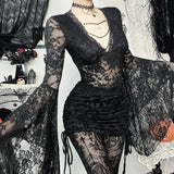 Vevesc Gothic Autumn New Halloween& Party Dark Wind Temperament Lace V-Neck Bead Chain Top Women