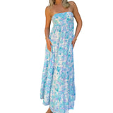 Vevesc  Elegant Off-Shoulder Maxi Dress with Boho Floral Print and Lace-Up Back Detail for Summer Wedding Party or Vacation Beachwear