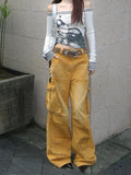 Vevesc Summer Women Casual Harajuku Yellow Jeans Vintage Aesthetic Loose Washed Pants Y2K Wide Leg Punk Baggy Brown Denim Trouser