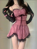 Vevesc Y2k Grunge Slim Fit Irregular Lace Strap Dresses+ Fashion Sexy Long Sleeve Black Tops Women 2024 Summer New Two Piece Sets
