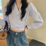 Vevesc Streetwear Striped Shirts Women Vintage Bandage Long Sleeve Crop Tops Spring Korean Fashion Elegant Casual Chic Blouses