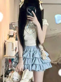 Vevesc Summer Kawaii Sweet Two Piece Set Women Strappy Korean Fashion Party Skirt Set Female Ruffle Flounce Lolita Cake Skirt Suit