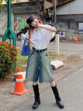 Vevesc Vintage Gradient Jeans for Women 2024 Summer New Straight Knee-Length Shorts Y2k Grunge High Waist Loose Wide Leg Pants