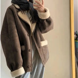 Vevesc  Vintage Suede Jacket for Women Warm Winter Mustang Jackets Fleece Casual Oversize Lamb Wool New Outwear Korean Fashion