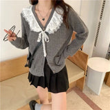 Vevesc Kawaii Cardigan Korean Style Sweet Sweater Lace Knited Tops Grey Cutecore Cardigan Sweaters Autumn Winter Aesthetics