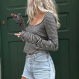 Vevesc Cyber Grunge Striped T-shirt Women Low Cut O Neck Long Sleeve Slim Fit Tees Vintage Aesthetic Y2K Retro Crop Tops Streetwear