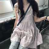 Vevesc Y2k Aesthetic Plaid Ruffled Women Dress Grunge Loose Harajuku Pleated Tank Dresses Summer Streetwear Sweet Vestidos De Mujer