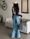 Vevesc Gothic High Waist Denim Pants Women Chic Ruffles Ruffle Hem Jeans Wide Leg   Female  Kawaii Y2K Straight Trousers