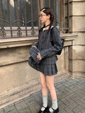 Vevesc Preppy Style Plaid Two-piece Suit Women Harajuku Slash Neck Vintage Single Breasted Overcoat Girls Sweet Pleated Grunge Skirts