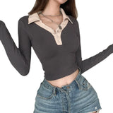 Vevesc Casual Basic Knit Korean Clothes Long Sleeve Crop Tops Skinny Autumn T Shirt Women  T Shirt Femme été Grande Taille