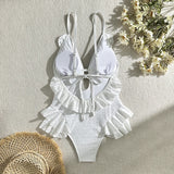 Vevesc Summer New White Body Suit One Piece Swimsuit Bikini For Women Sexy Deep V-Neck Backless Lace Patchwork Bodycon Outfits