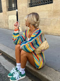 Vevesc Colorful Striped Women Knitted Cardigan Fashion Rainbow Color Long Sleeve Sweater Coats Autumn Female Streetwear Sweaters