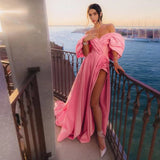 Vevesc Pretty Pink Split Long Evening Dresses With Bubble Short Sleeves A-line Long Formal Party Dress Maxi Gowns