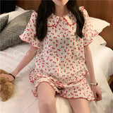Vevesc Cotton Sleepwear Korean Pajamas for Women Summer 2024 Pijama Cherry Print Pyjamas Female Set Woman 2 Piece Cute Loungewear