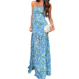 Vevesc  Elegant Off-Shoulder Maxi Dress with Boho Floral Print and Open Back Design for Summer Wedding Party Vacation Wear