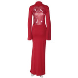 Vevesc Open Back Sexy Split Maxi Dress Elegant Outfits for Women Chic Flare Sleeve Party Club Fashion Red Dresses Vestido