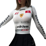 Vevesc Moto Biker Printed Cyber Y2k White T-shirts Techwear Skinny Long Sleeve Women Crop Tops Gothic Punk Fashion Streetwear