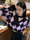 Vevesc Korean Fashion Plaid Sweater Women Harajuku Sweet Pink Sexy V Neck Pullover Kpop Long Sleeve Knitted Tops Autumn Winter